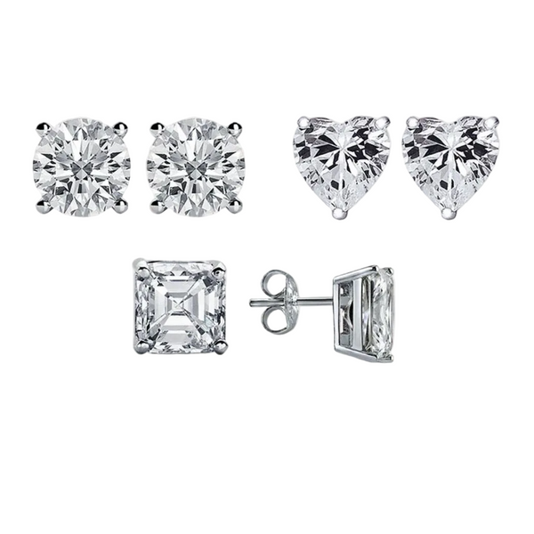 Sterling Round, Heart Or Princess Cut Stud Earrings