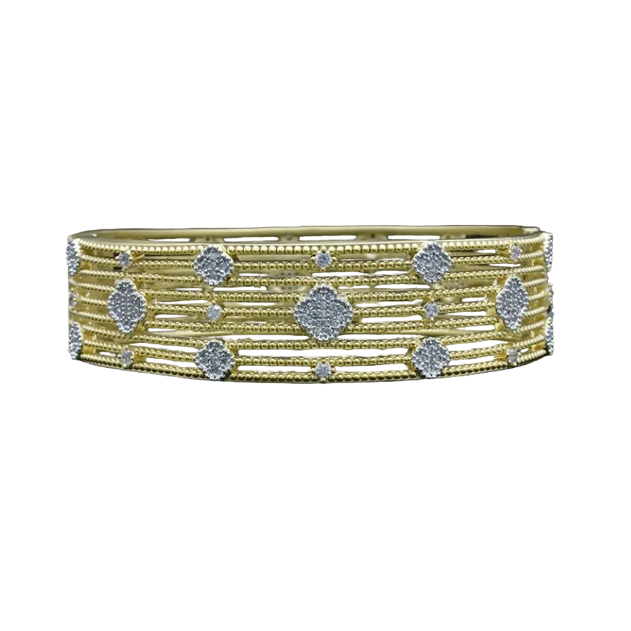 Gold Wide Bracelet With Pave Flowers