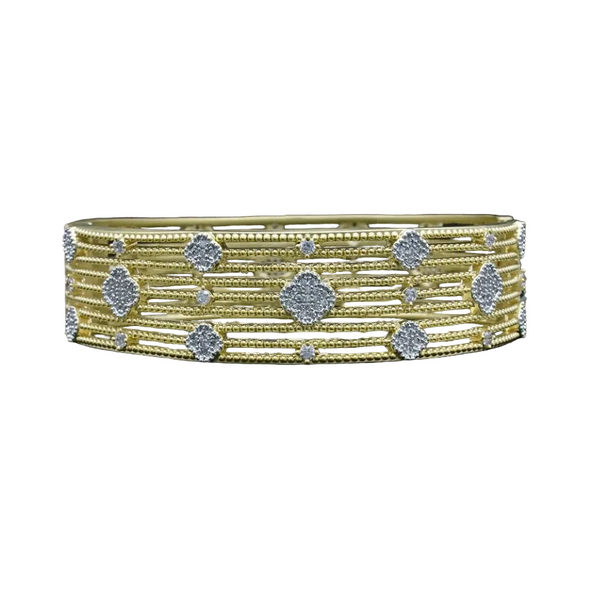 Gold Wide Bracelet With Pave Flowers