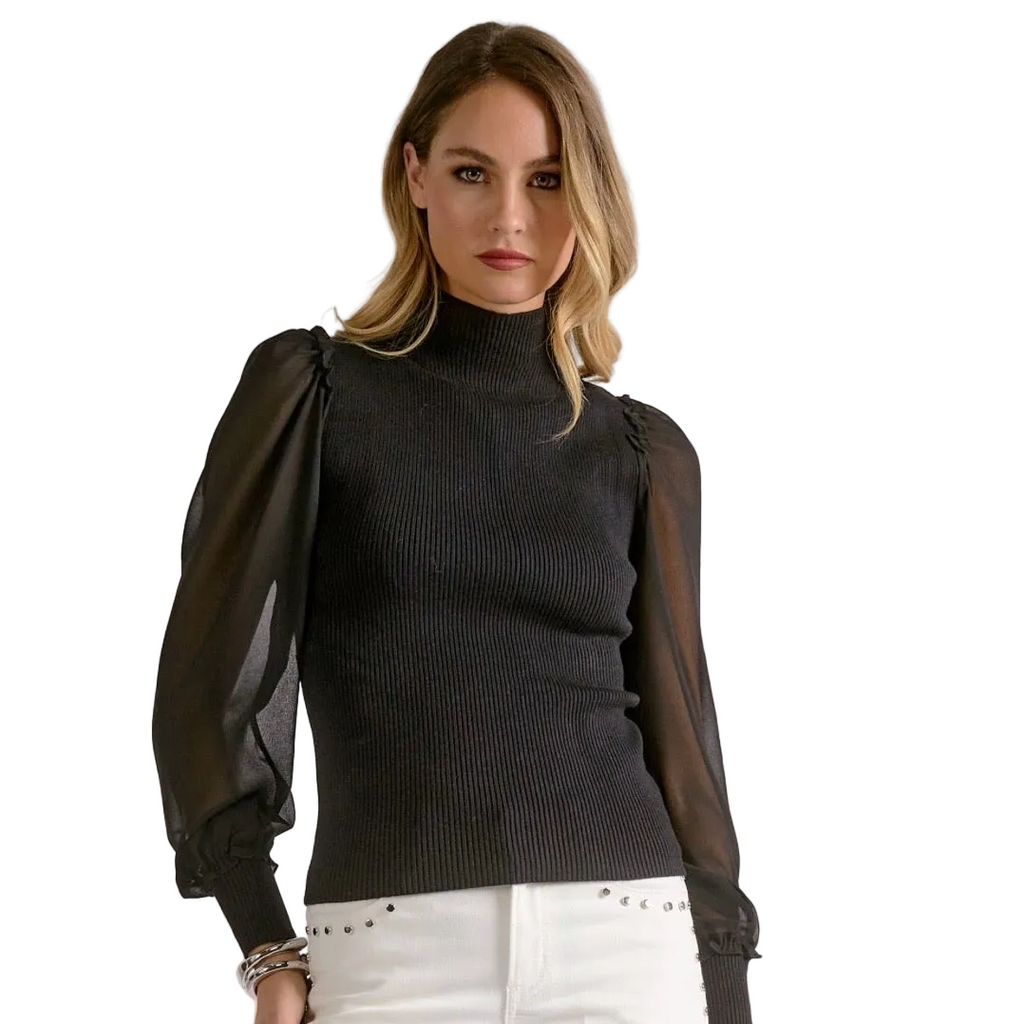 Sheer Sleeve Mock Neck Sweater