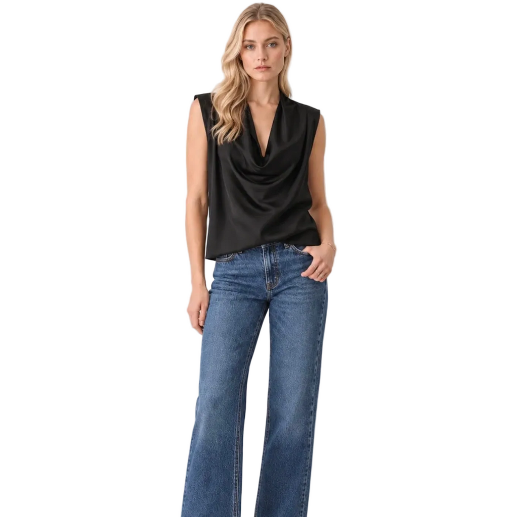 Elan Black Satin Sleeveless Top