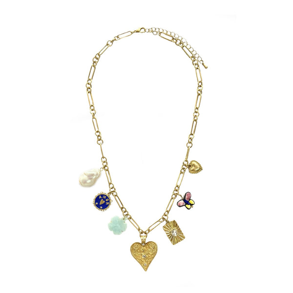 Multi Charm Necklace With Gold Heart
