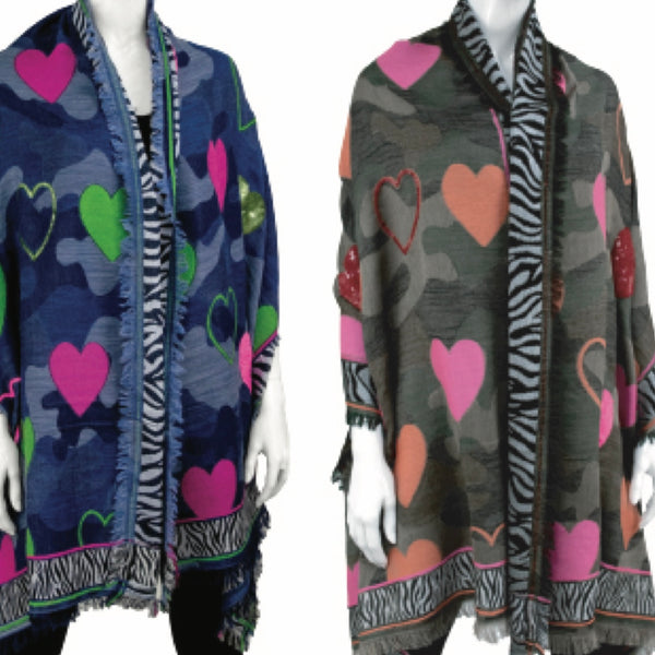 Animal Print Camo Woven Scarf With Sequin Hearts