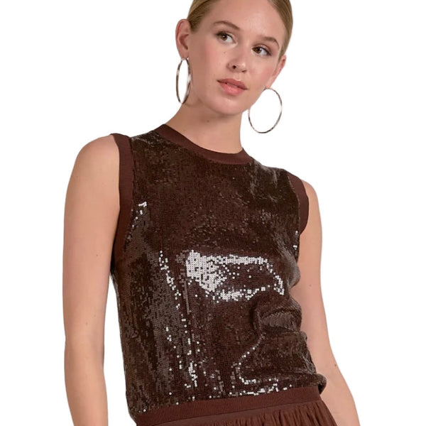 Elan Chocolate Sequins Sleeveless Top