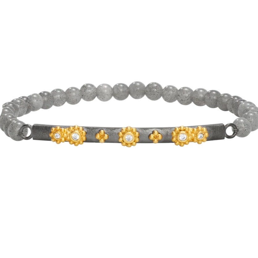 Labradorite Beaded Bracelet with Hematite Bar and CZ Stones