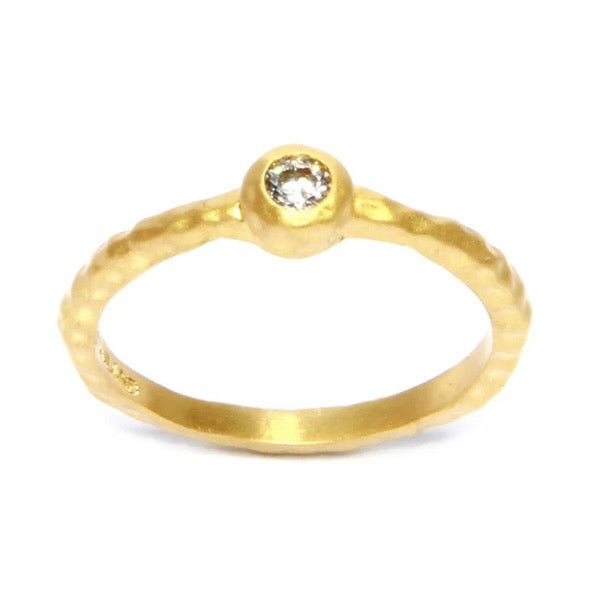 Gold Hammered Ring Bezel Set CZ Ring