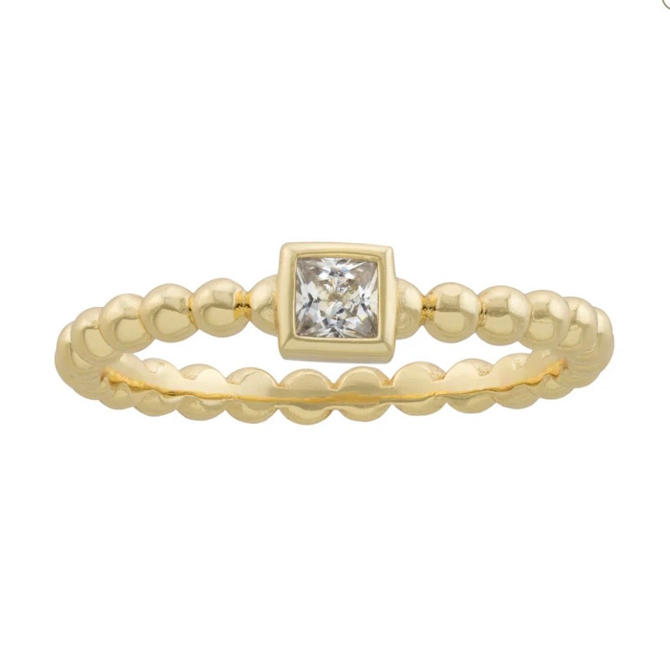 Gold Beaded Ring With Square Bezel CZ