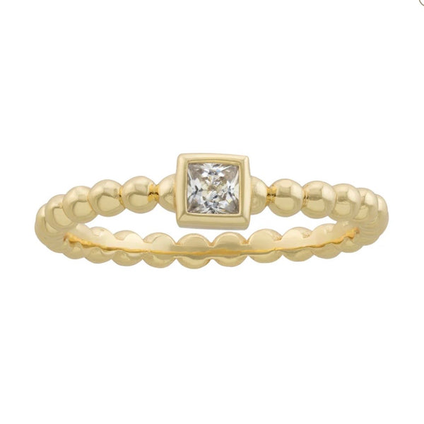 Gold Beaded Ring With Square Bezel CZ