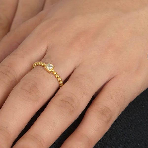 Gold Beaded Ring With Square Bezel CZ