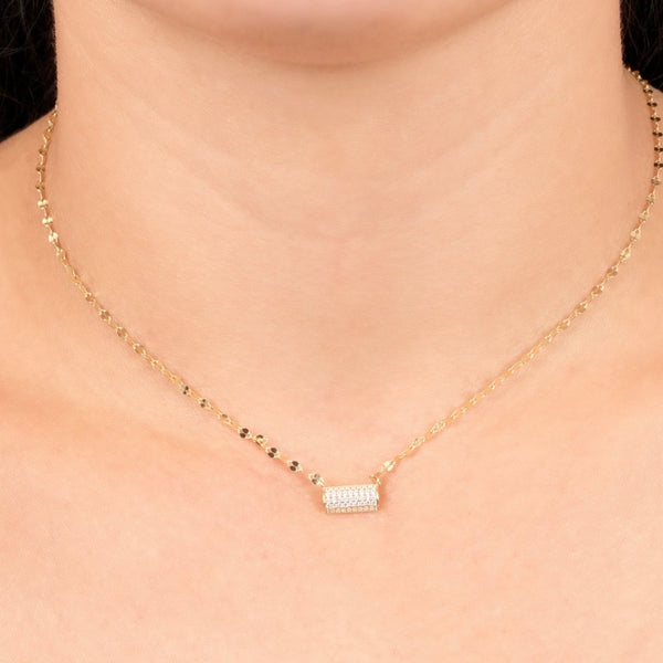 Mirror Link Chain With CZ Bar Choker Necklace
