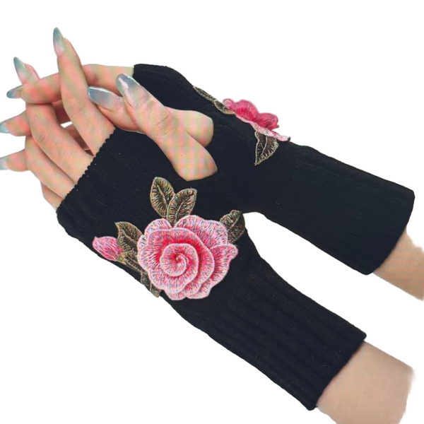 Fingerless Gloves With Floral Embroidery