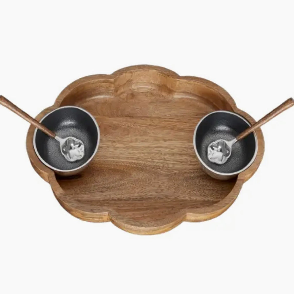 Silver Lining Wooden Bowl With 2 Bowls And 2 Spoons