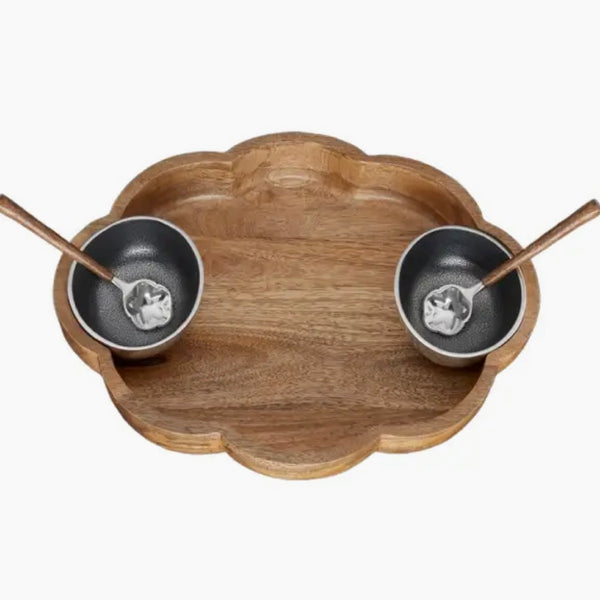 Silver Lining Wooden Bowl With 2 Bowls And 2 Spoons