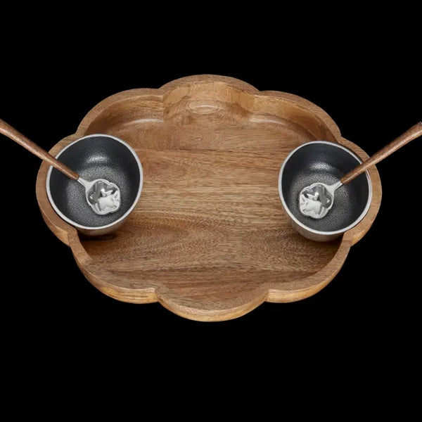 Silver Lining Wooden Bowl With 2 Bowls And 2 Spoons
