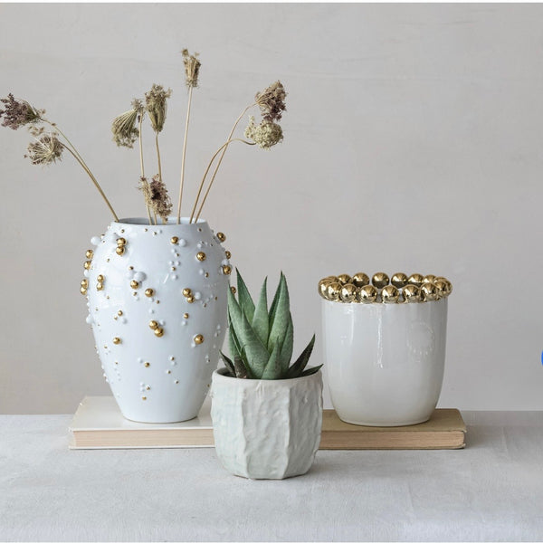 Cool Stoneware Planter/ Vase With Gold Ball Rim
