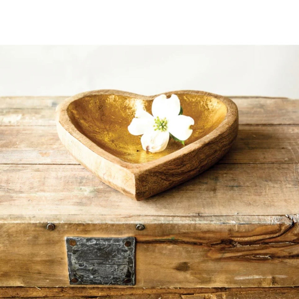 Gold Leaf Mango Wood Heart Bowl