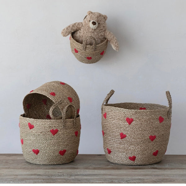Hand Woven Seagrass Baskets With Hearts And Handles