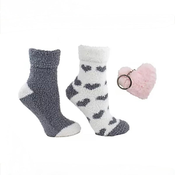 Two Pair Slipper Socks With Heart Keychain