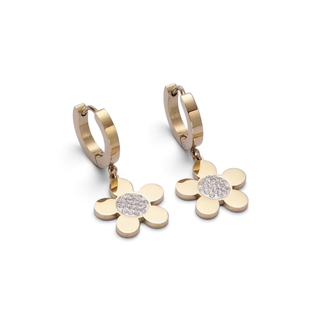Stainless Steel Flower Clear CZ Drop Huggie Earrings