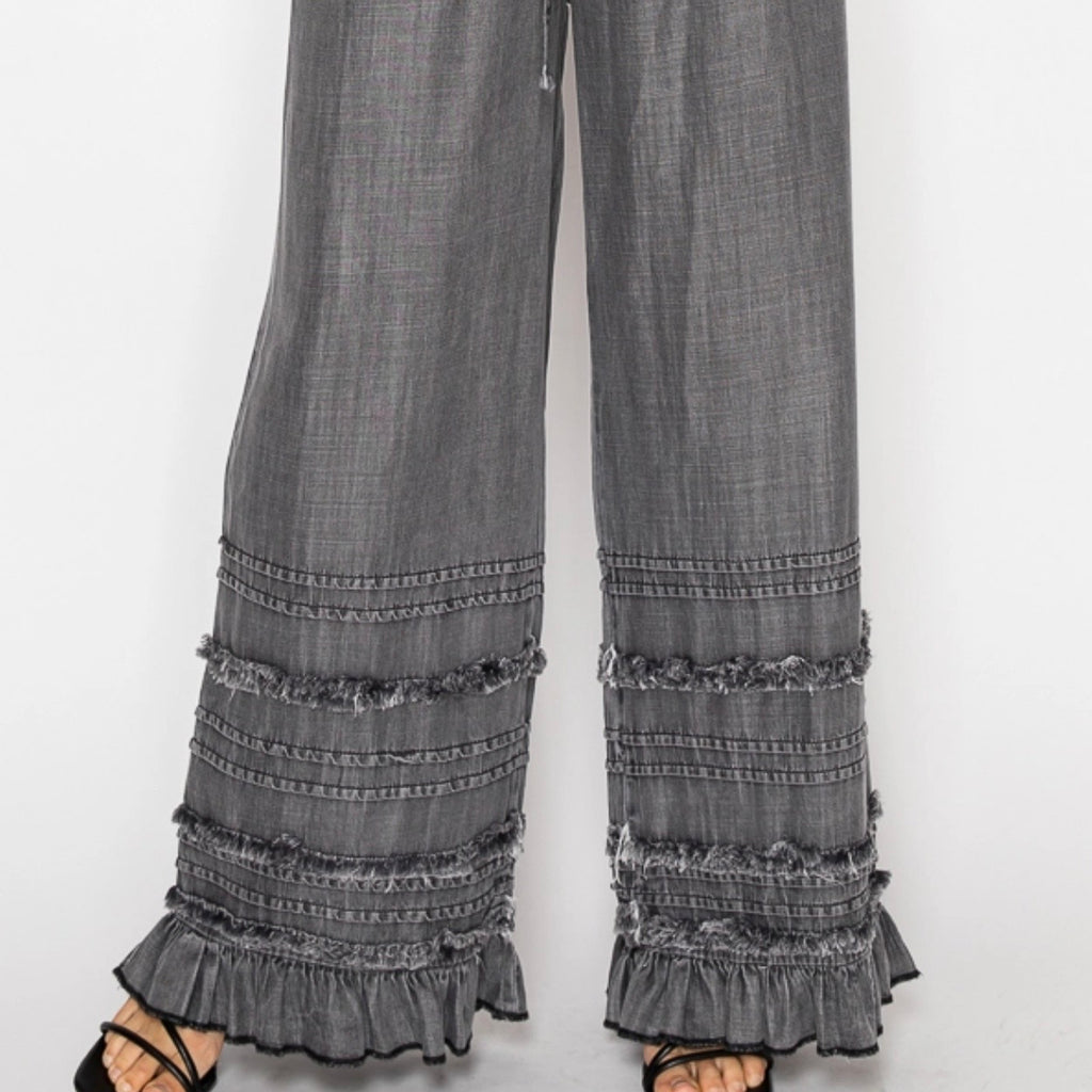 Boho Tiered Wide Leg Denim Palazzo Pants (Blue or Grey)