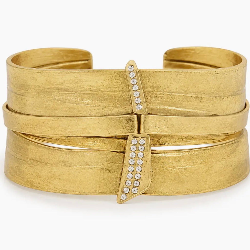 Wrapped Ribbon Gold Cuff Bracelet With CZ Accent-24 K Gold Plated