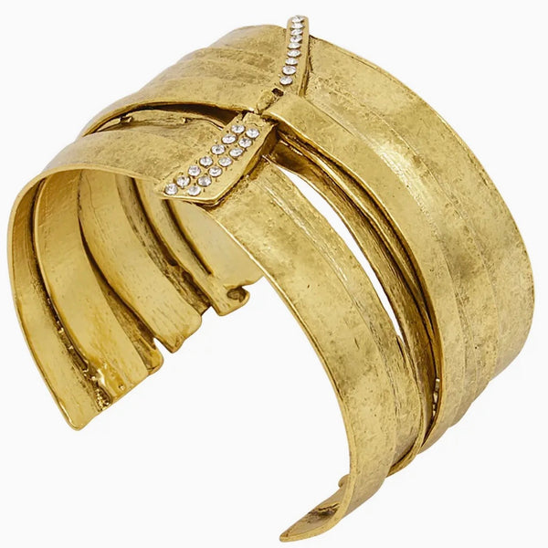 Wrapped Ribbon Gold Cuff Bracelet With CZ Accent-24 K Gold Plated