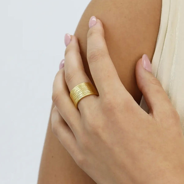 Wide Cuff Textured Ring In Gold-24K Gold Plated