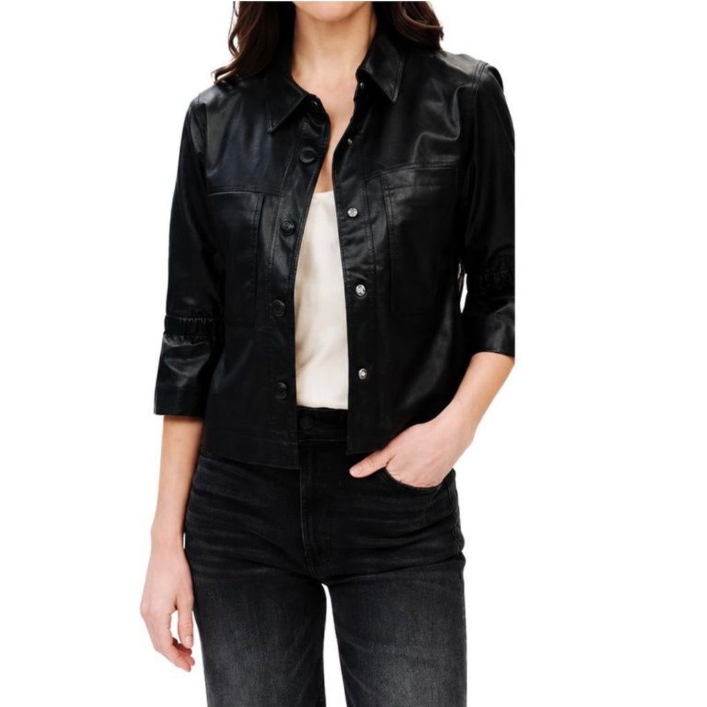 Faux Leather 3/4 Flutter Sleeve Front Pocket Jacket