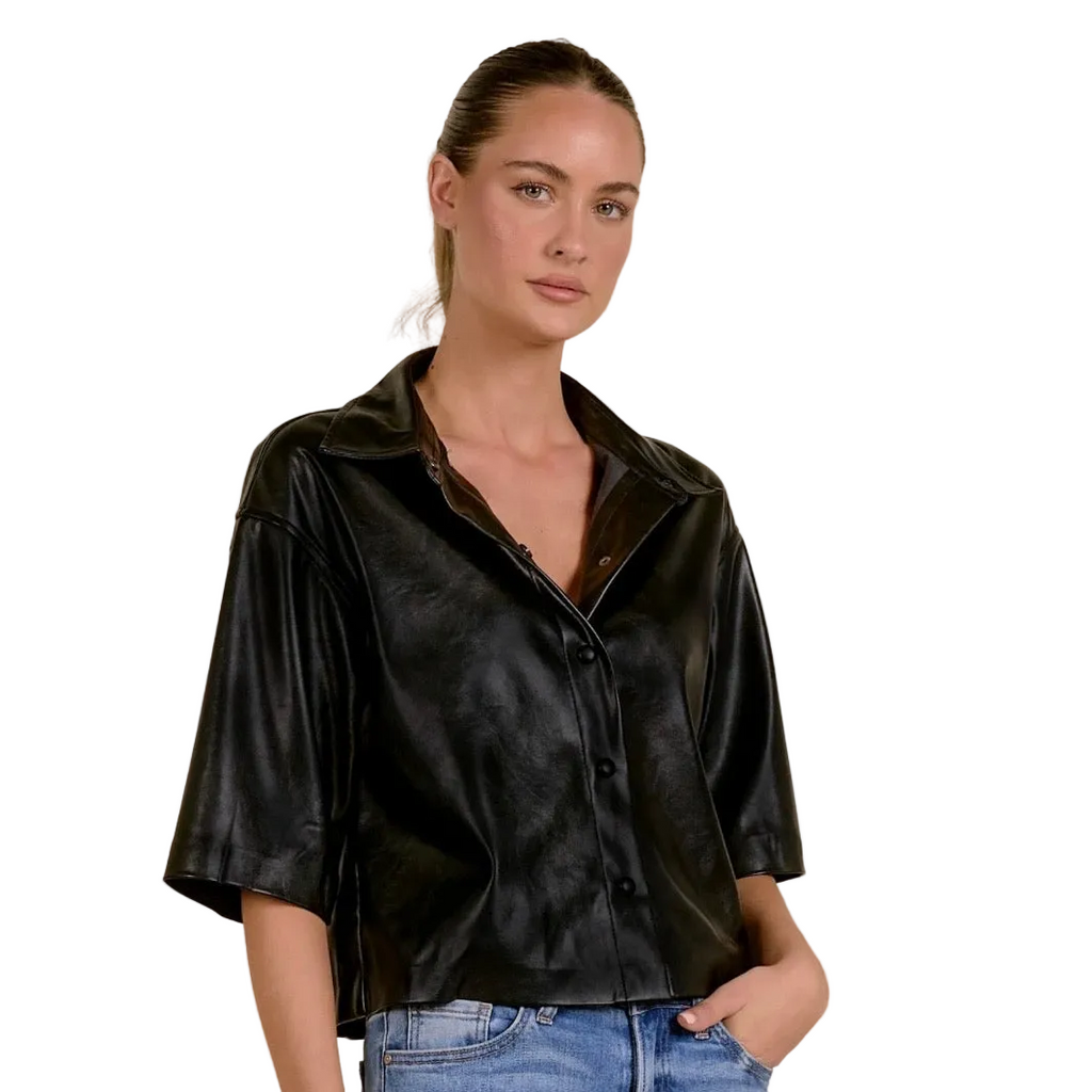 3/4 Sleeve Black Leather Shacket