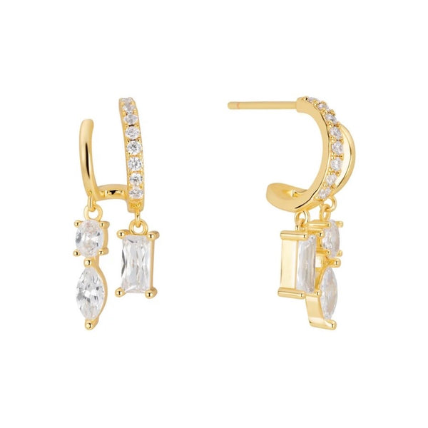 Double Row Hoop Earrings With Marquis And Emerald Cut CZ Stones