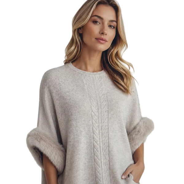 Cable Knit Cashmere Blend Poncho with Fox Fur Trim