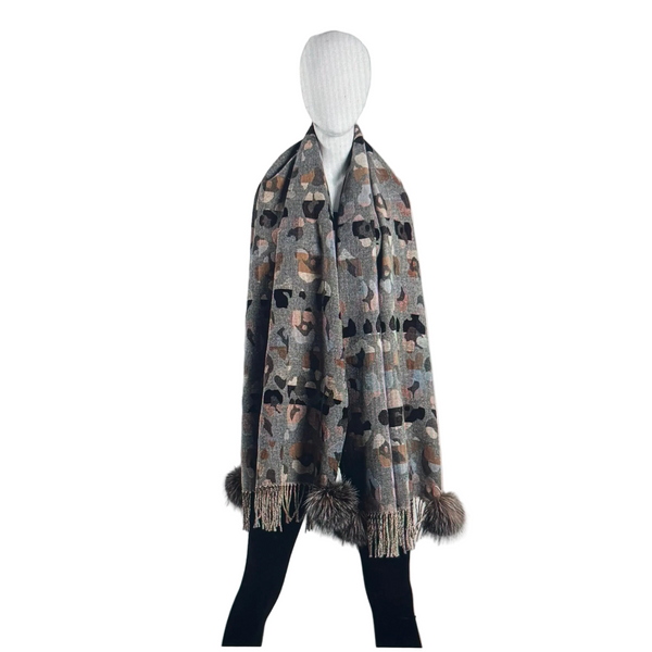 Grey Animal Print Plaid Scarf With Fox Poms