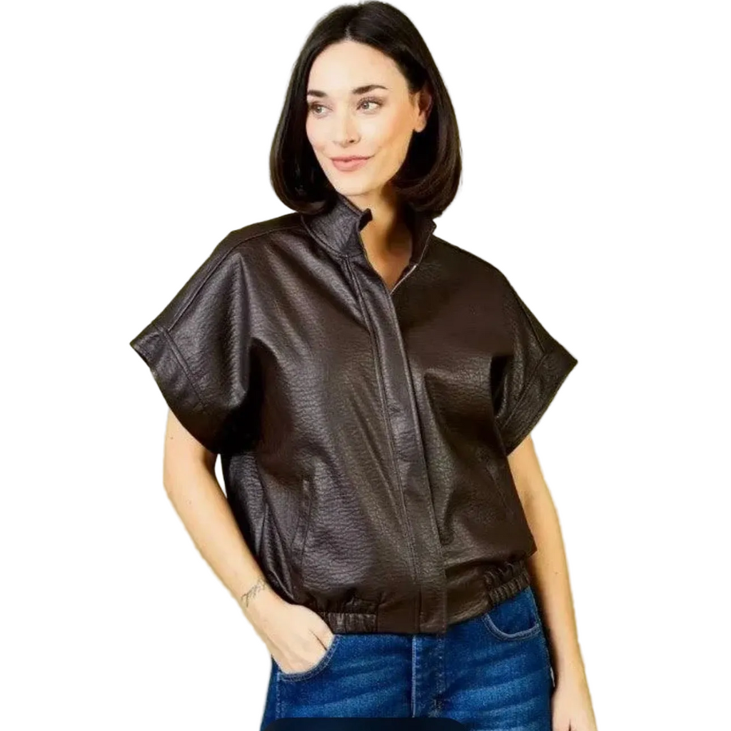 Ivy Faux Leather Short Sleeve Jacket In Brown