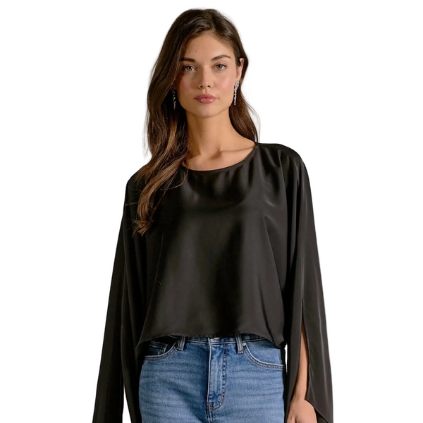 Elan Satin Cropped Blouse with Long Dolman Sleeves