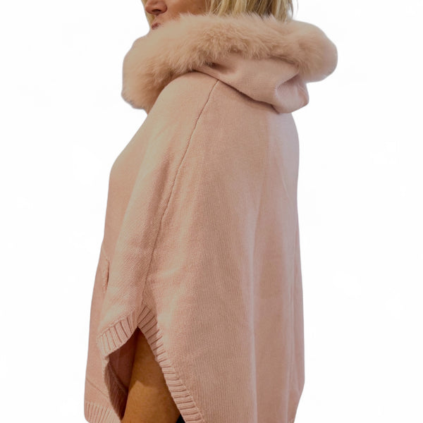 Fur Trimmed Pink Knit Zip Up Poncho