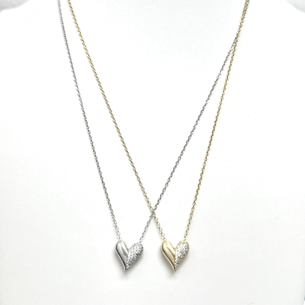 Half Cz Half Smooth Heart Necklace