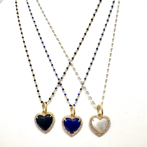 Colored Beaded Chain Necklace with Beautiful Cz Framed Heart Charm