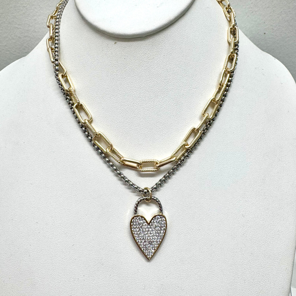Two-Tone Multi Chain Pave Heart Necklace