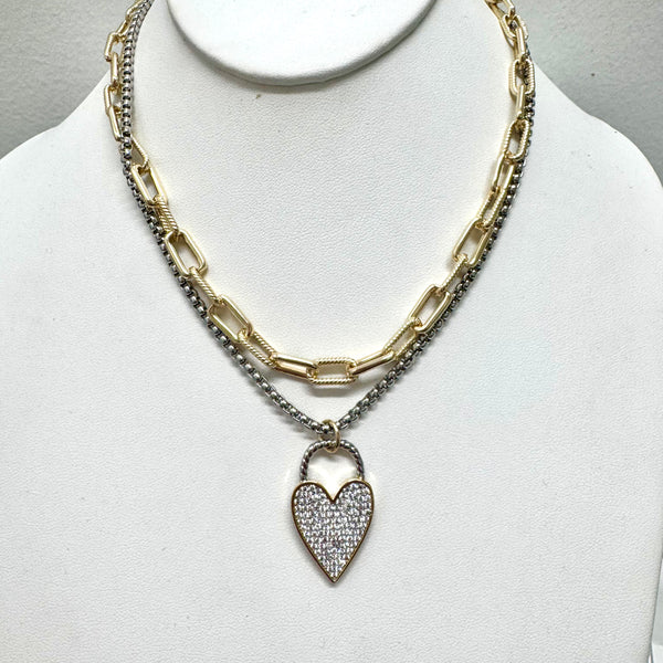 Two-Tone Multi Chain Pave Heart Necklace