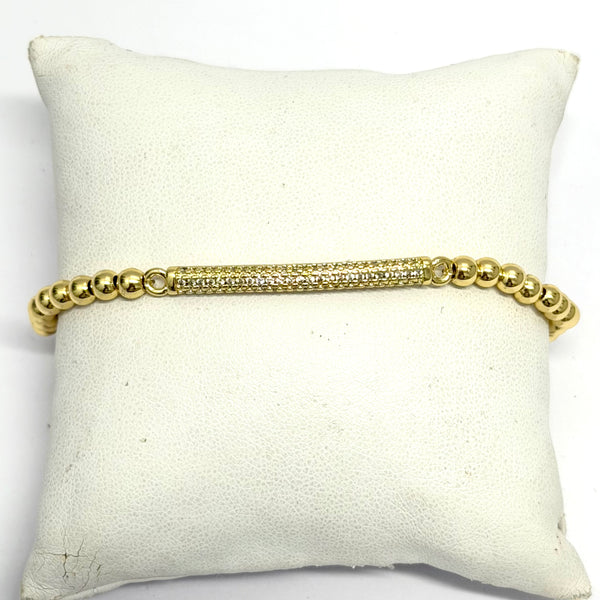 Gold 4mm Beaded Pave Bar Stretch Bracelet