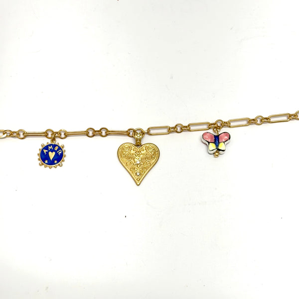 Multi Charm Necklace With Gold Heart