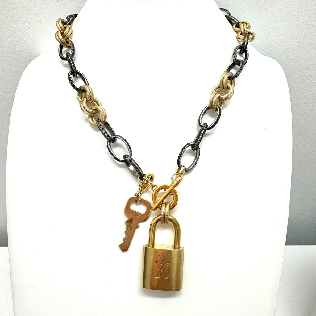 Two-Tone Oval and Round Link LV Padlock ( #438) Necklace