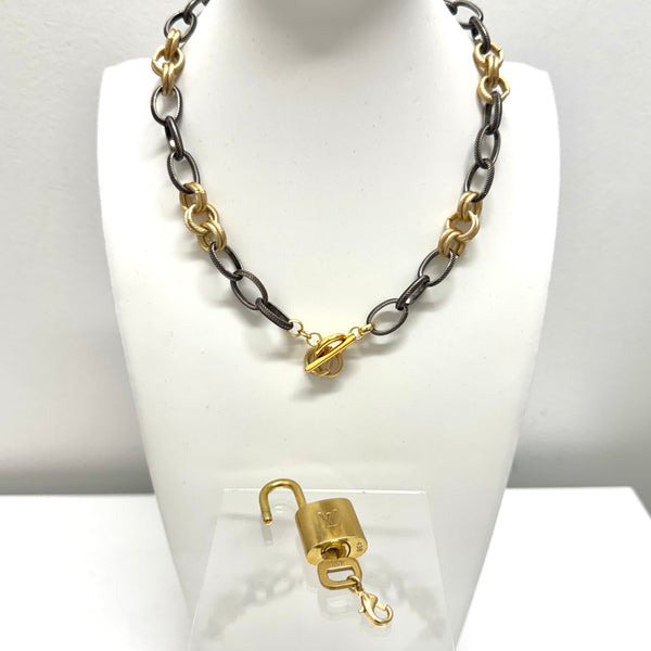 Two-Tone Oval and Round Link LV Padlock ( #438) Necklace