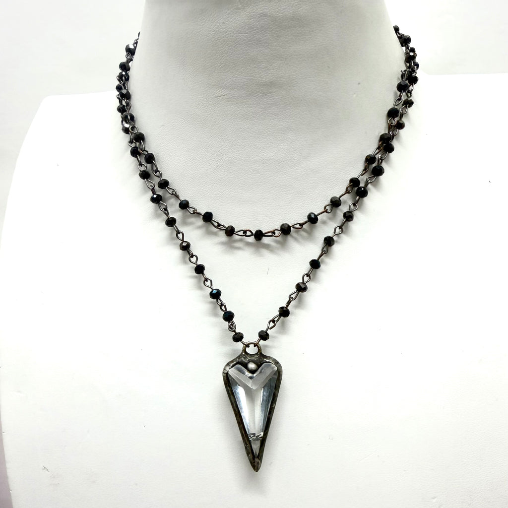 Black Wire Wrap Crystal Clear Heart Charm Necklace
