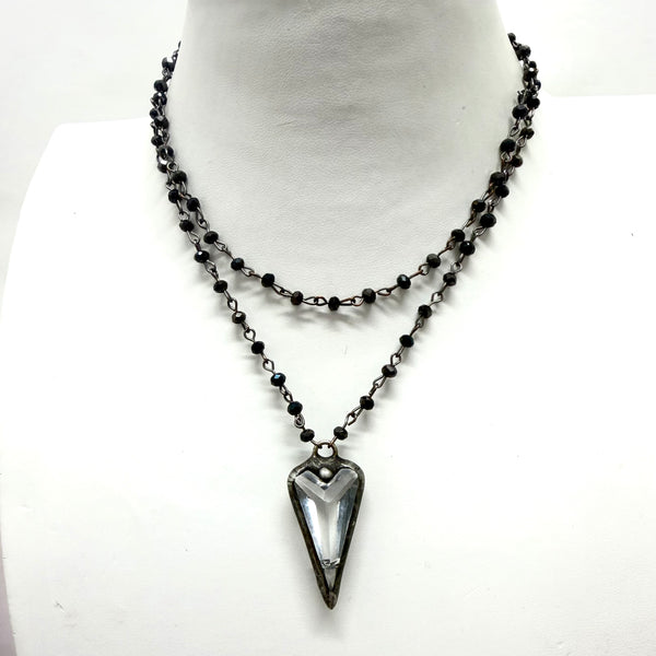 Black Wire Wrap Crystal Clear Heart Charm Necklace