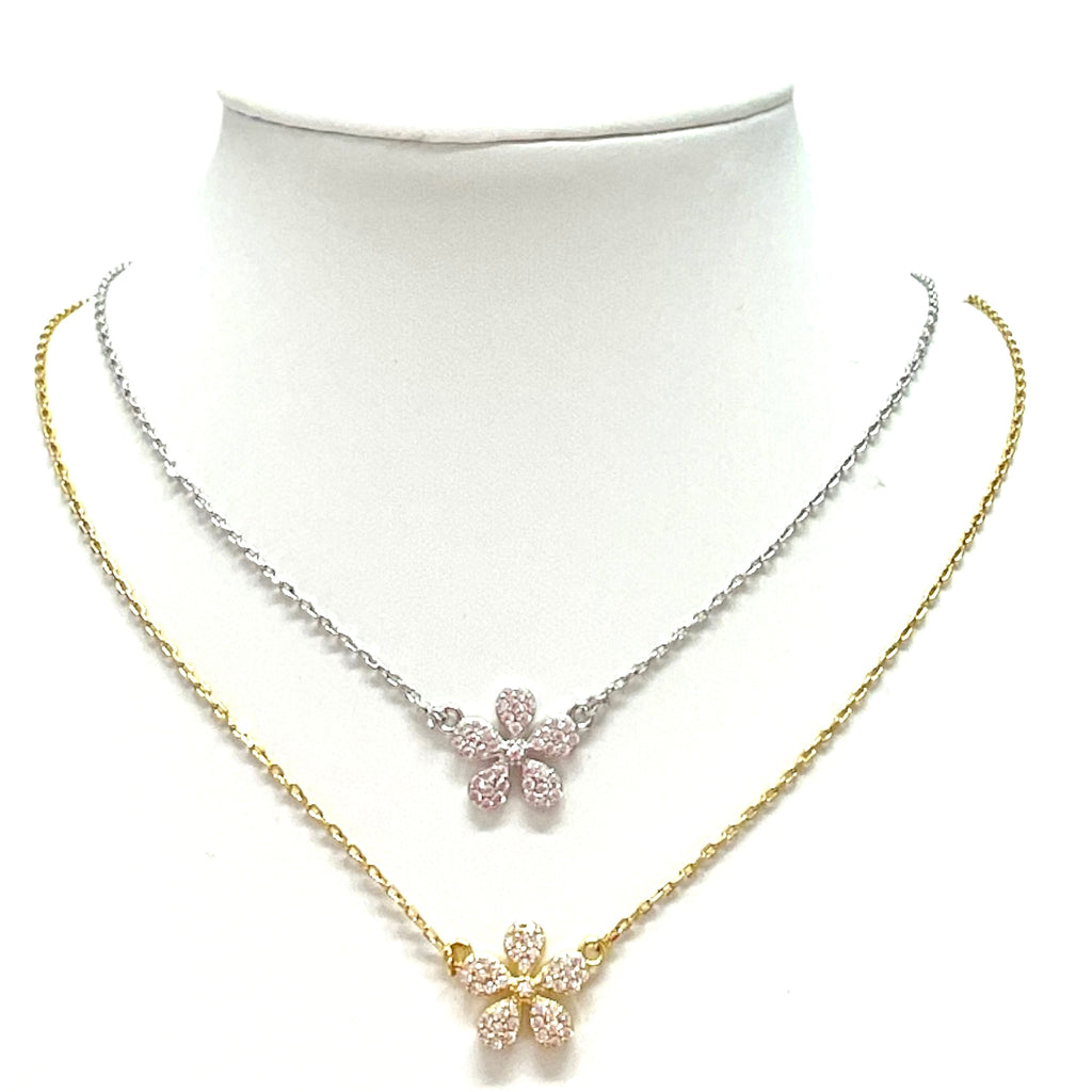 Single Pave Gold or Silver Flower Necklace