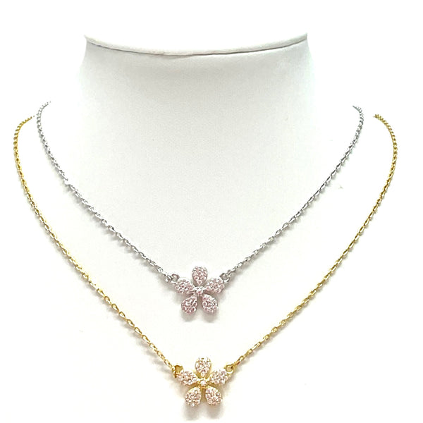 Single Pave Gold or Silver Flower Necklace
