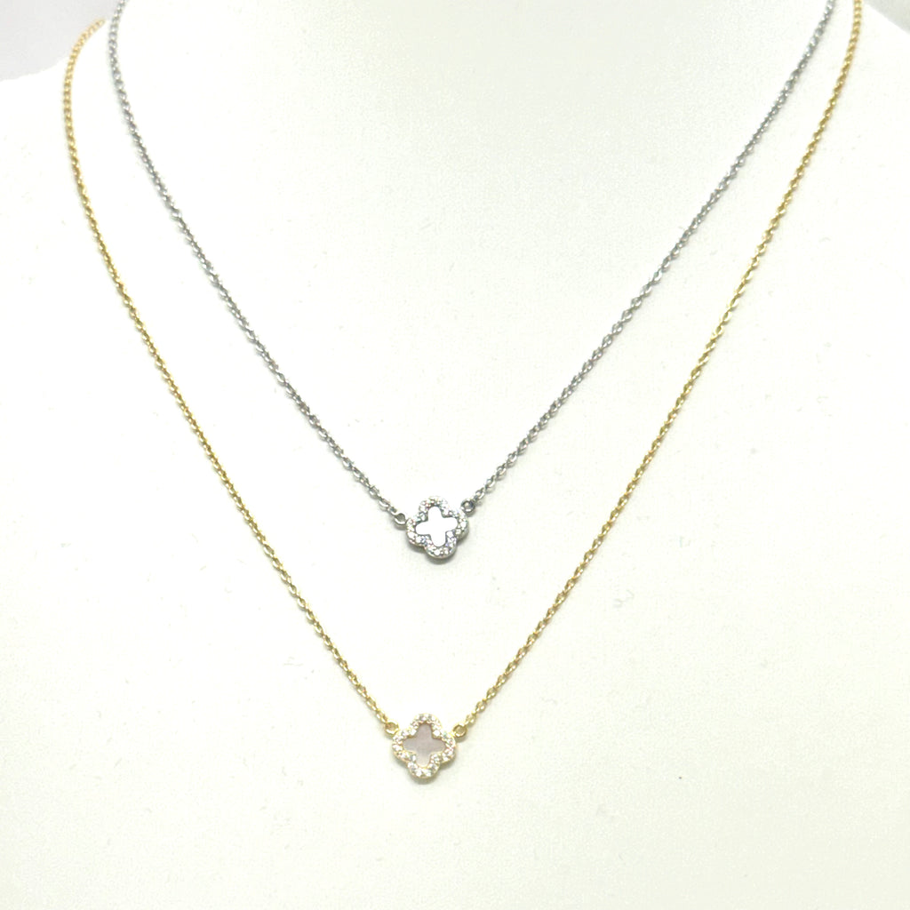 Mini Sterling/Gold Clover Necklace with CZ Trim