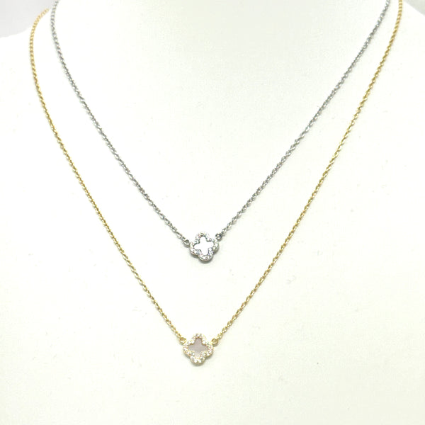 Mini Sterling/Gold Clover Necklace with CZ Trim