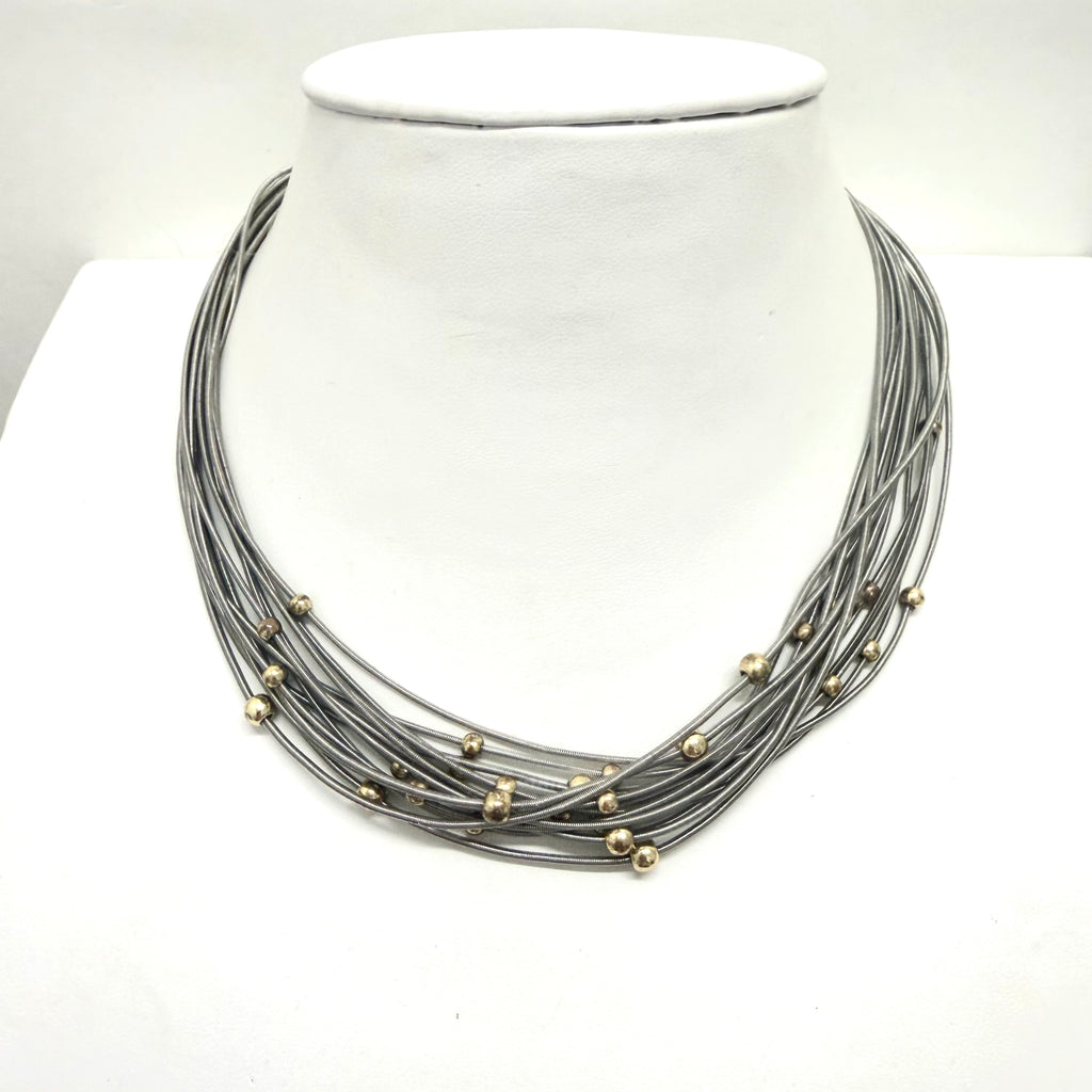 14 Strand Silver Piano Wire with 4mm Gold Ball Necklace